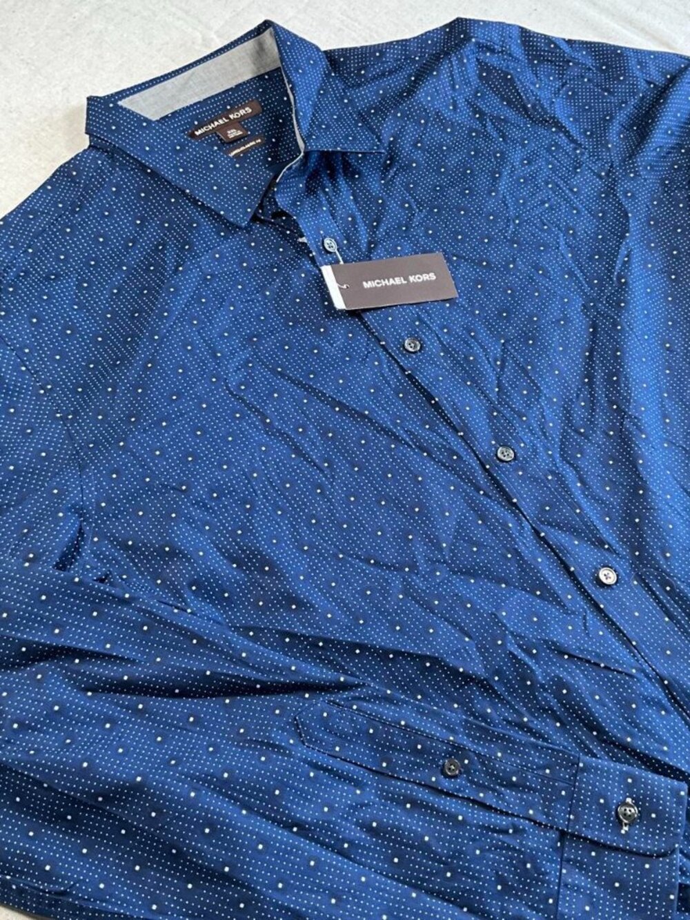 NWTs Mens Michael Kors 100% Cotton Blue Dot Print Button Front Shirt (XXLarge)